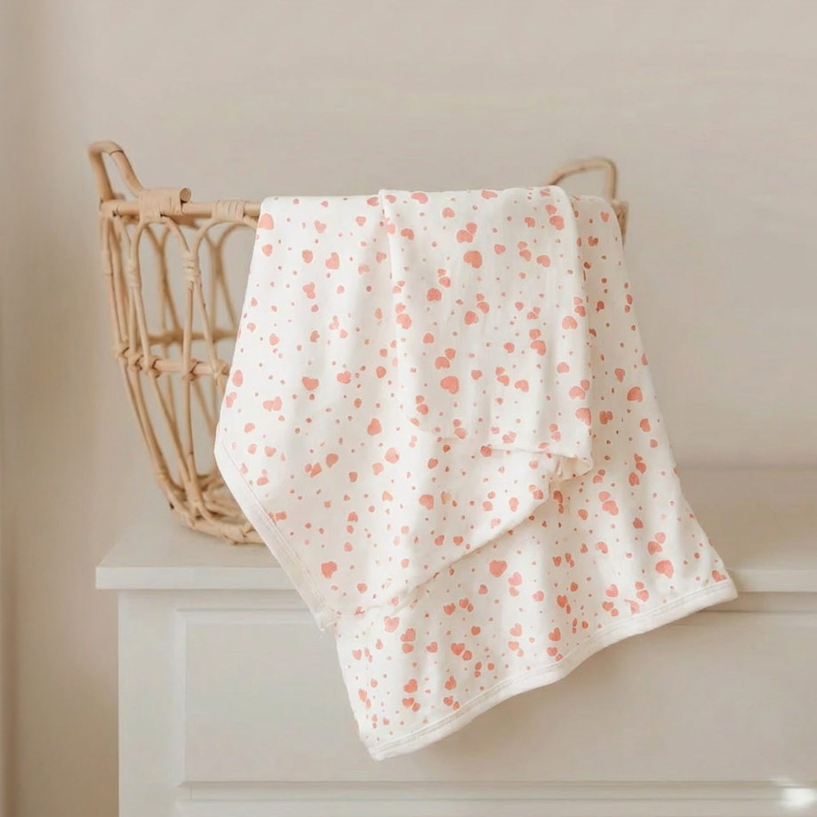 Floral-patterned towel draped over a wicker basket on a white surface.