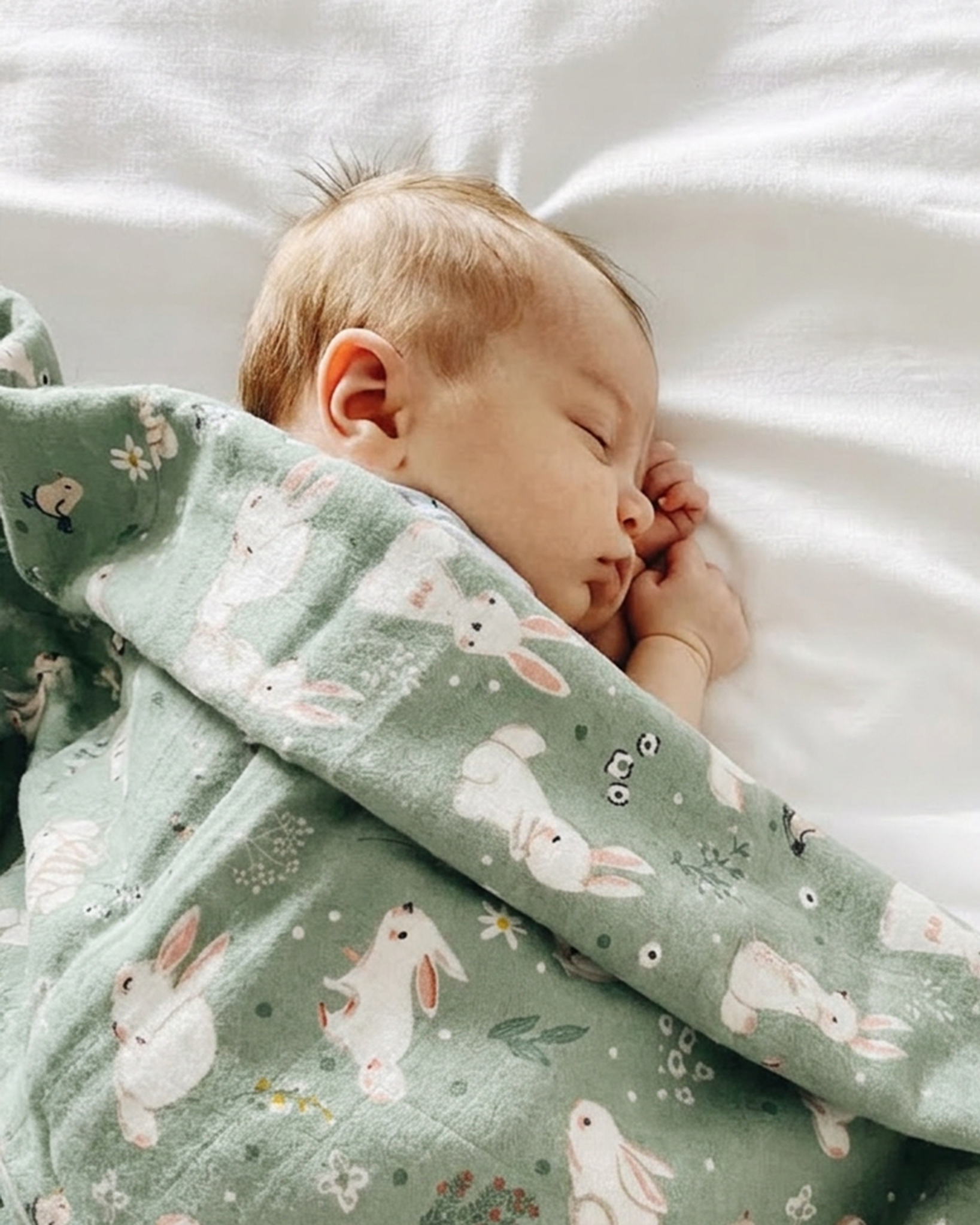 Baby sleeping under a green blanket with bunny patterns on a white background