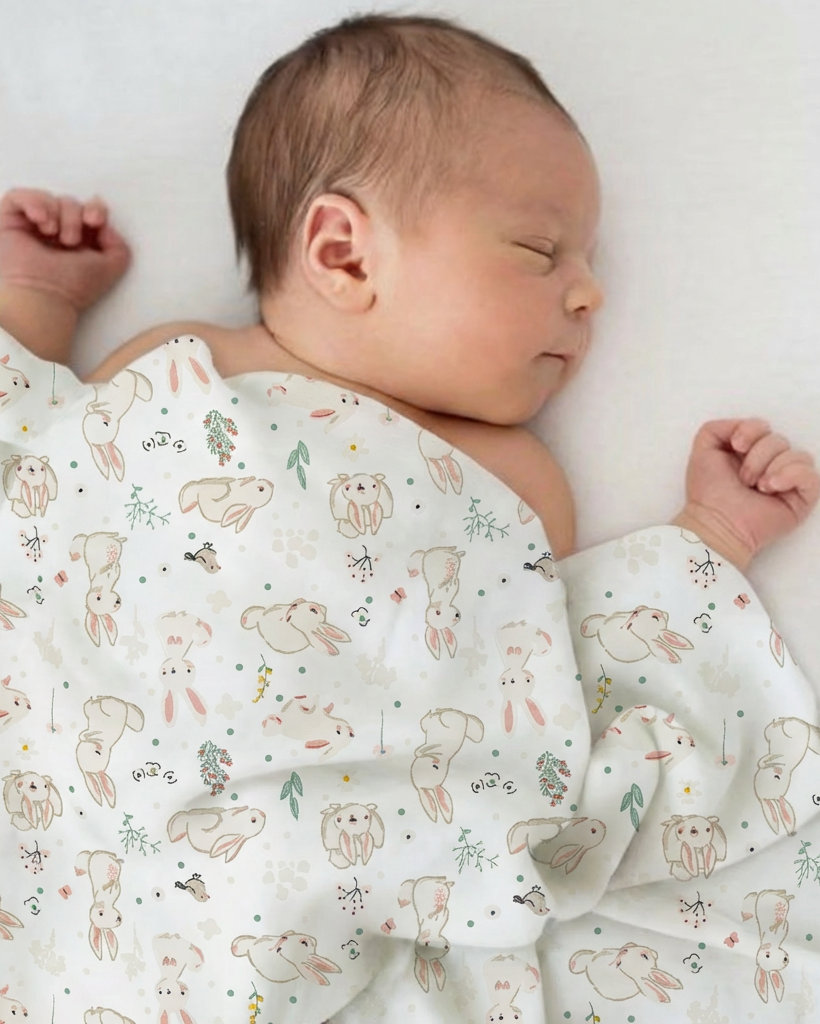 Newborn baby sleeping under a blanket with animal patterns on a white background