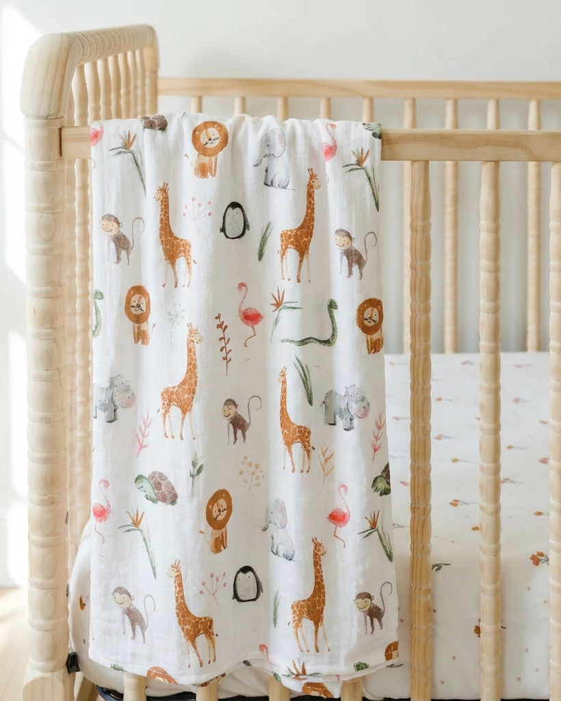 Crib with a wooden frame and a patterned blanket featuring animals on a white background