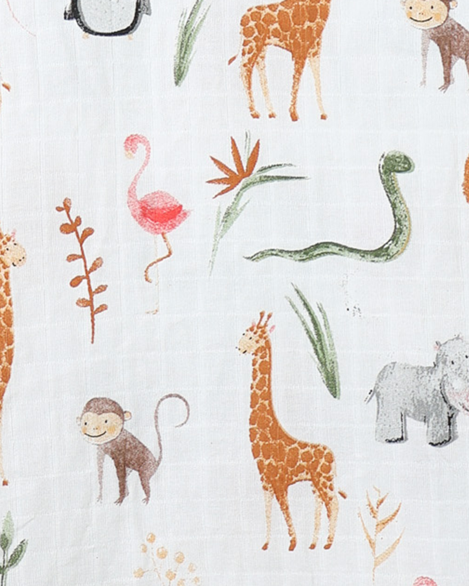 Pattern of cartoon-style jungle animals on a white background