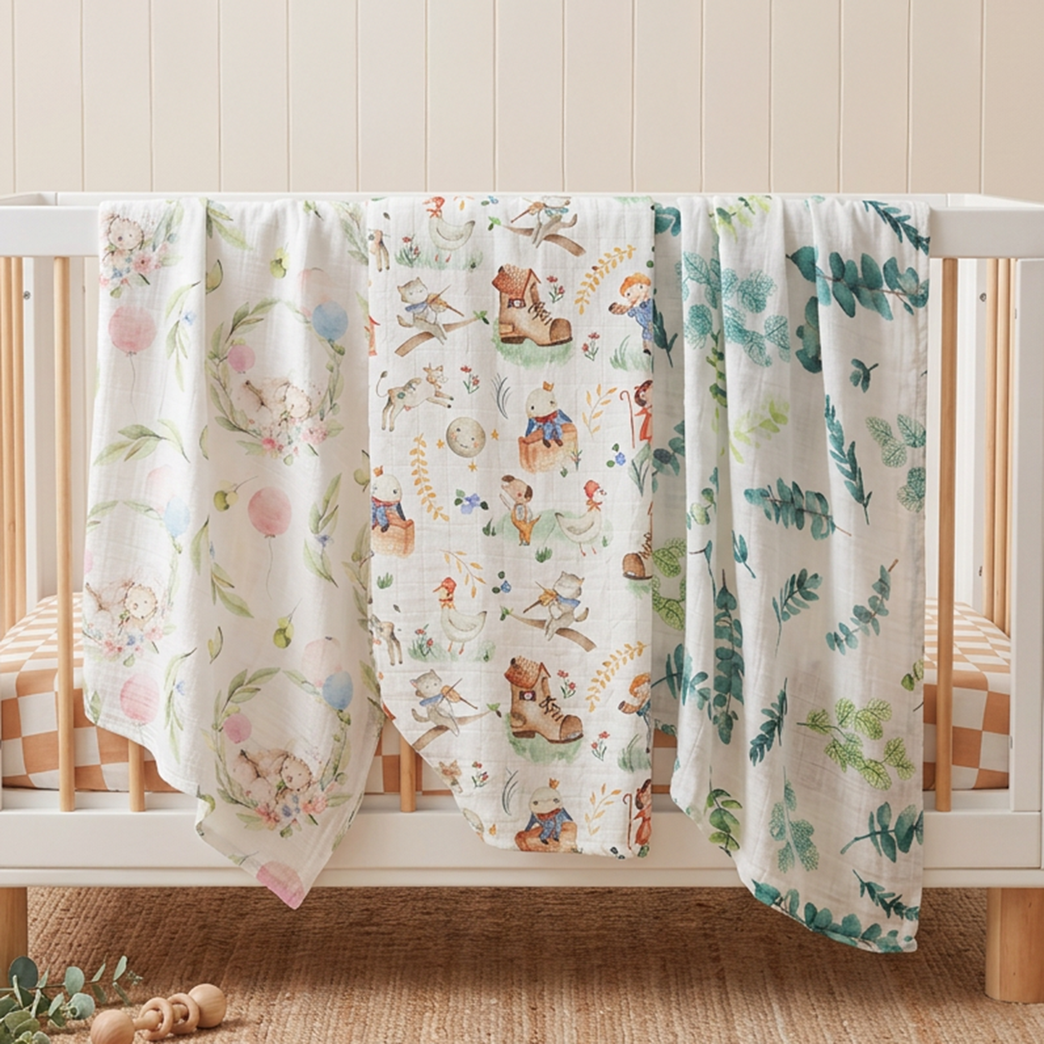 Three patterned crib sheets hanging over a crib with a wooden floor and beige wall in the background.