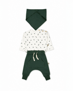 Children's outfit with white shirt, green pants, and green hat on a white background