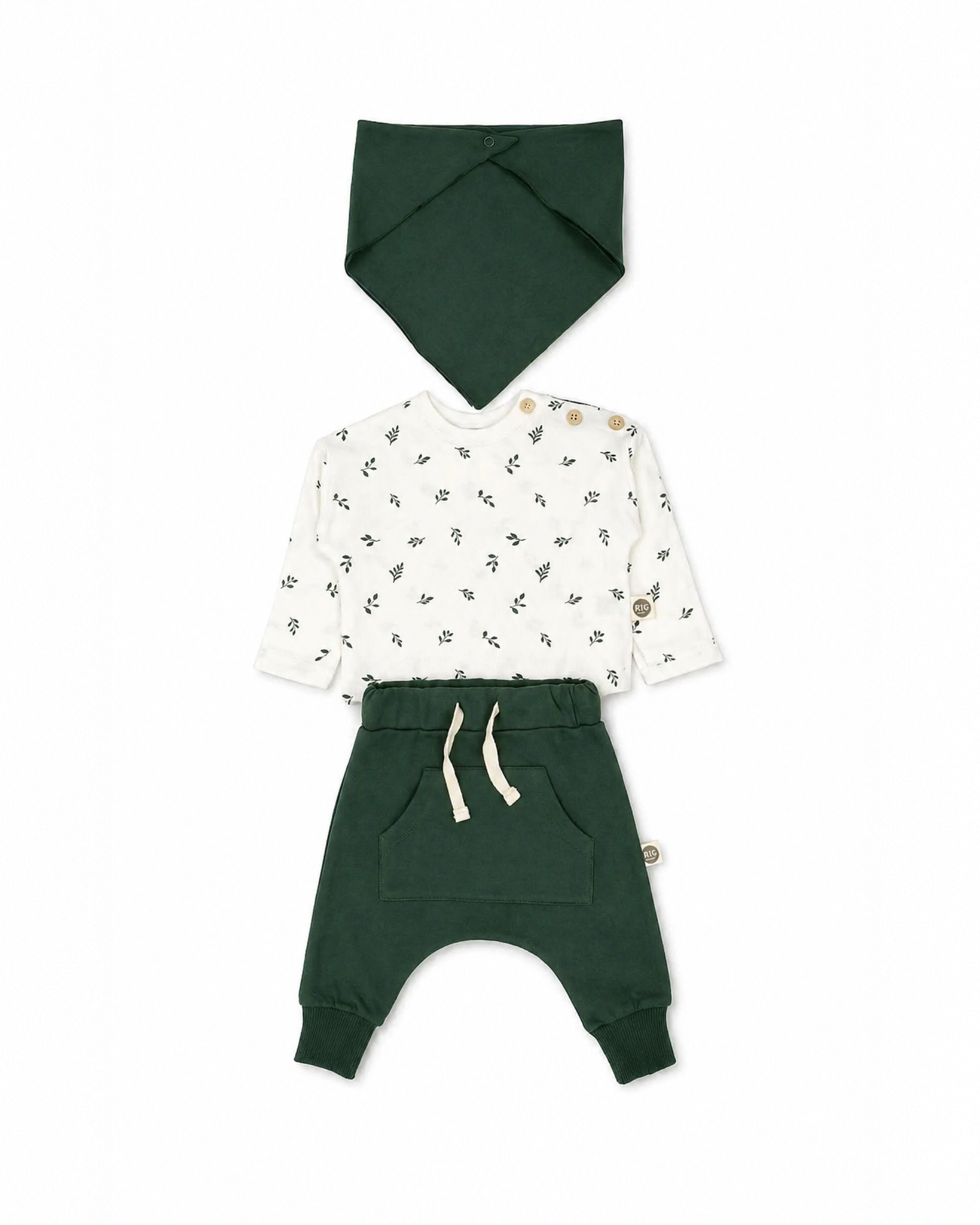 Children's outfit with white shirt, green pants, and green hat on a white background