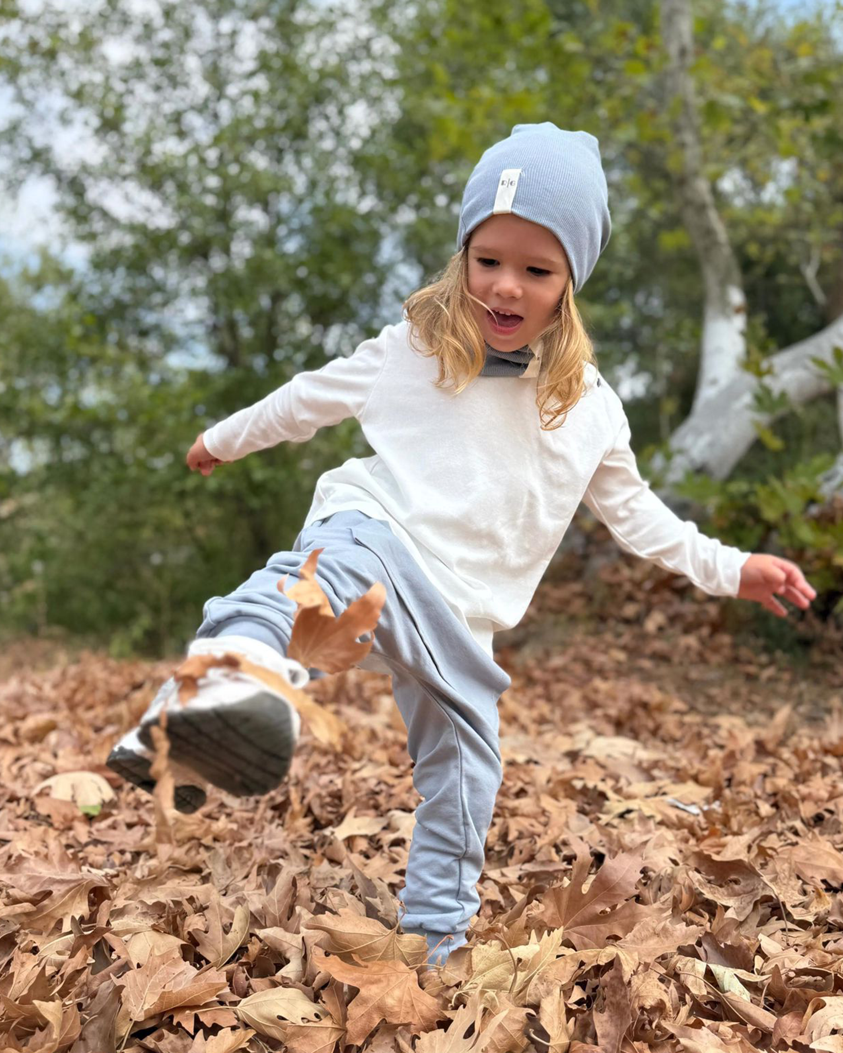 Child playing in a pile of leaves with trees in the background