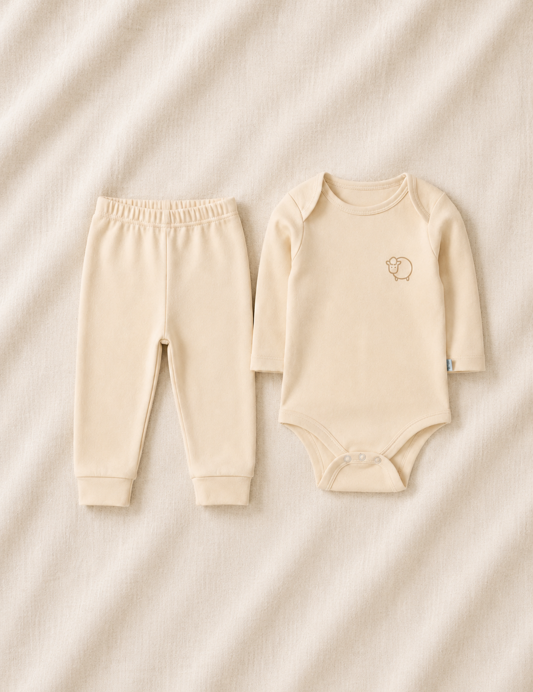 Beige baby bodysuit and pants set on a beige fabric background