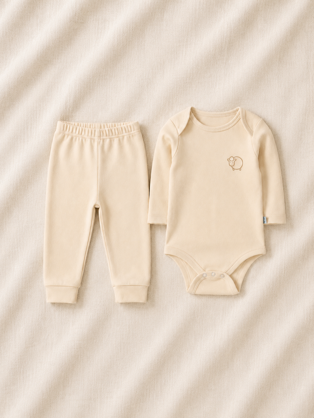 Beige baby bodysuit and pants set on a beige fabric background
