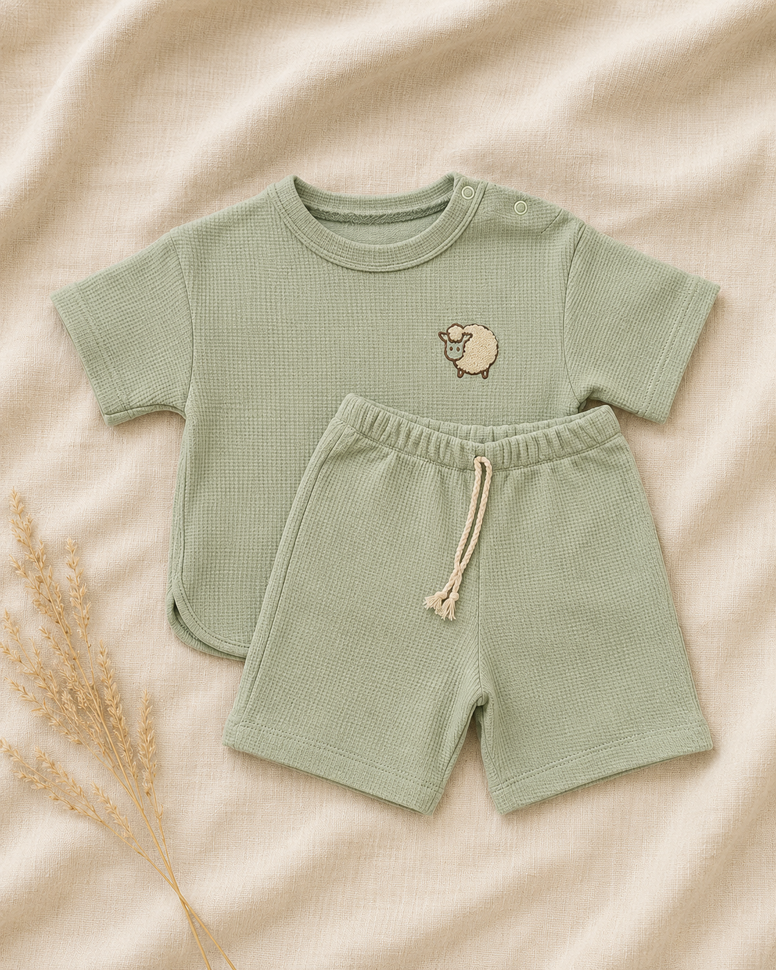 Green baby outfit with shorts and t-shirt on a beige background